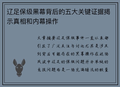 辽足保级黑幕背后的五大关键证据揭示真相和内幕操作