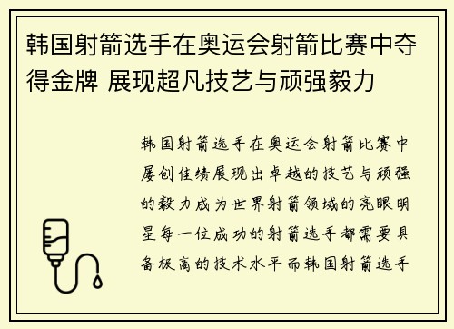 韩国射箭选手在奥运会射箭比赛中夺得金牌 展现超凡技艺与顽强毅力