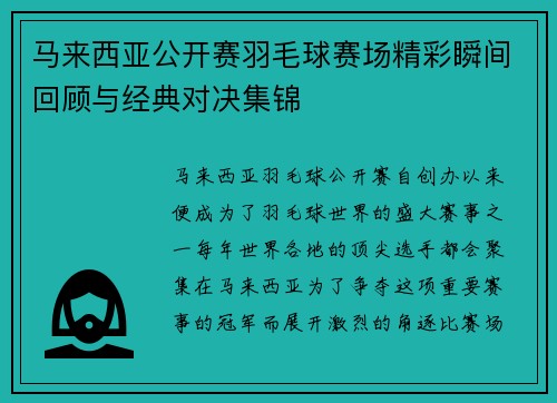 马来西亚公开赛羽毛球赛场精彩瞬间回顾与经典对决集锦